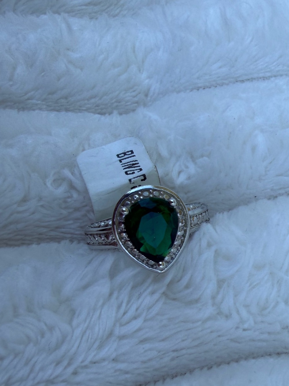 Silver Ring with Deep Green Teardrop Gemstone